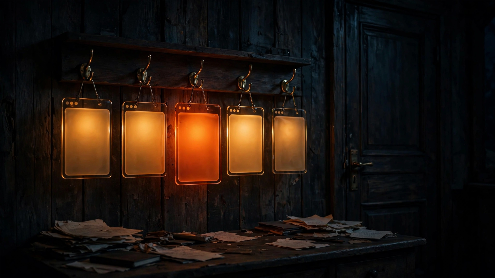Five browser-window panels hanging from brass hooks, with the center panel in burnt orange.