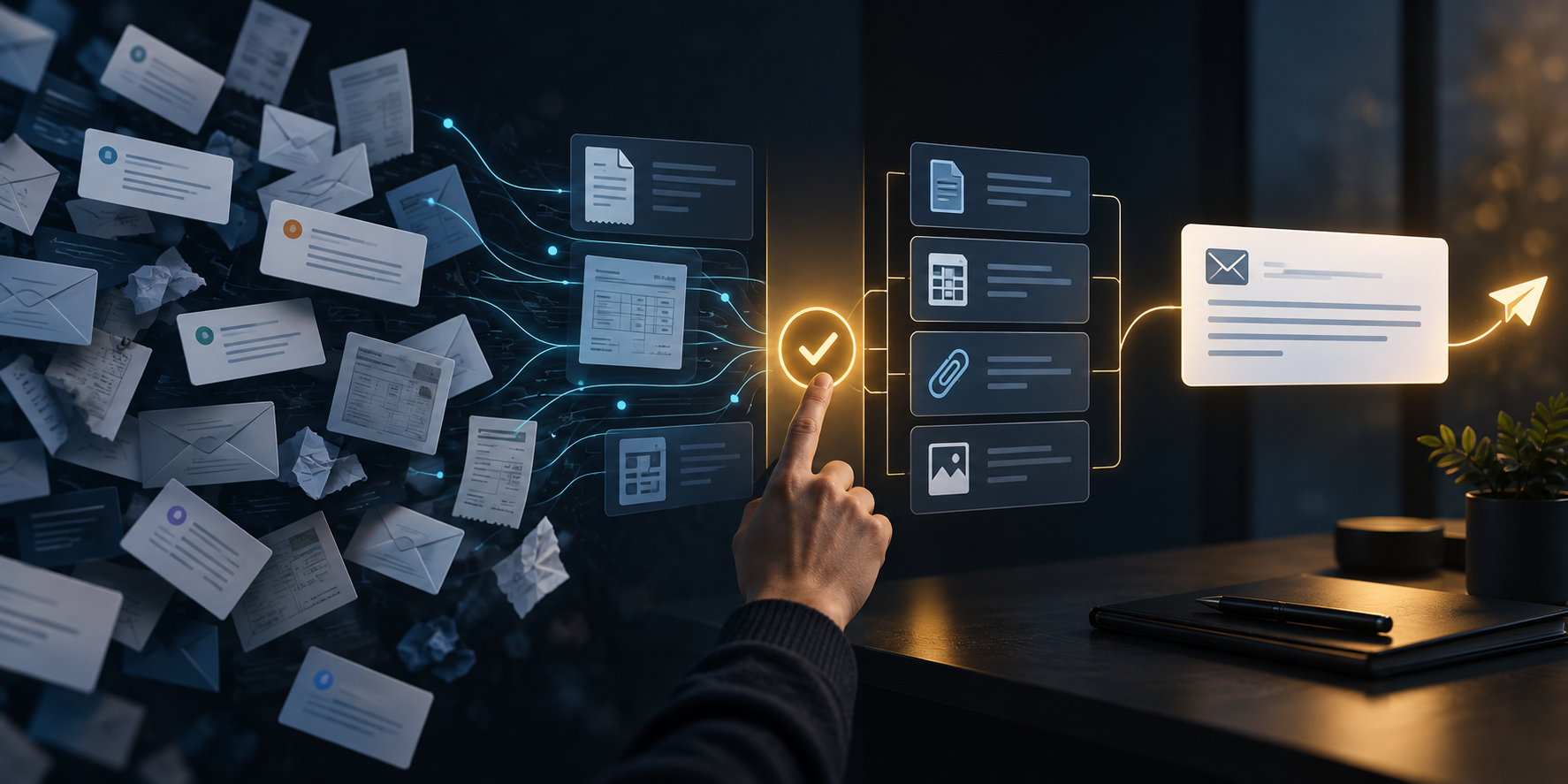 Scattered messages and account records becoming an organized evidence trail, with a human approval checkpoint before the final response is sent.