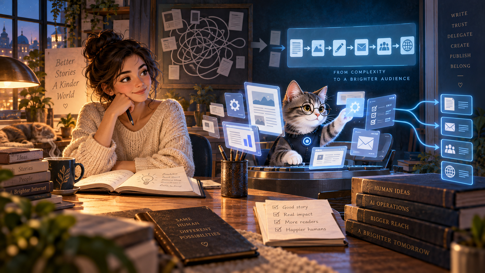 An AI kitten calmly operates a publishing console while a human writer concentrates on ideas at a warmly lit desk.