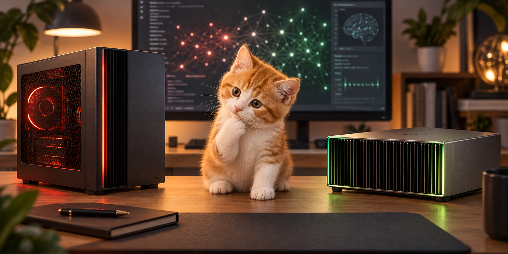 A curious orange-and-white kitten sits between two compact AI workstations, one glowing red and the other green.