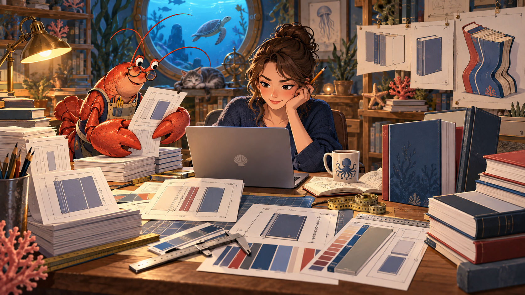 An author and a friendly lobster production assistant work through book-cover templates in a warm underwater studio while a distorted hardcover hangs in the background.