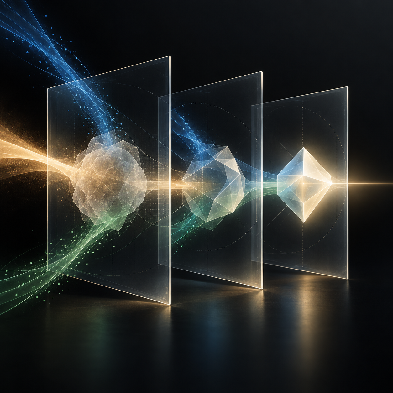 Warm and cool streams of light pass through successive transparent frames and converge into a clearer geometric form.