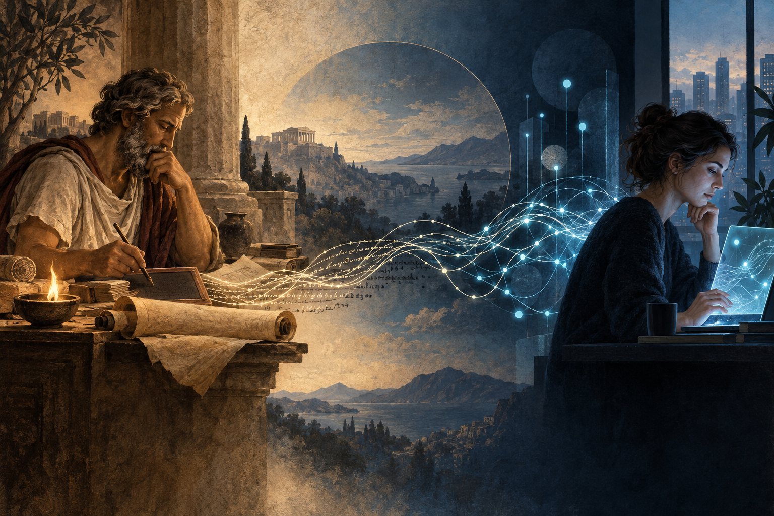 A human profile and an AI-like constellation facing one another across a field of written symbols and remembered connections.