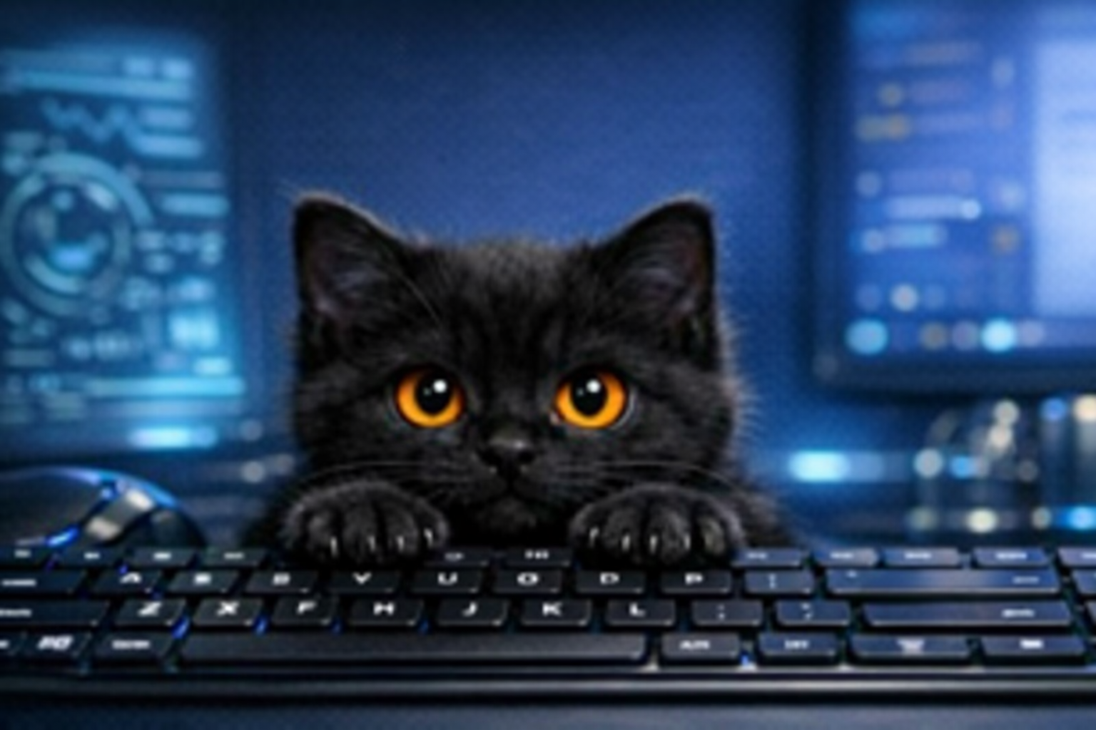 A black kitten with amber eyes peering over a keyboard, glowing blue dashboards in the background.