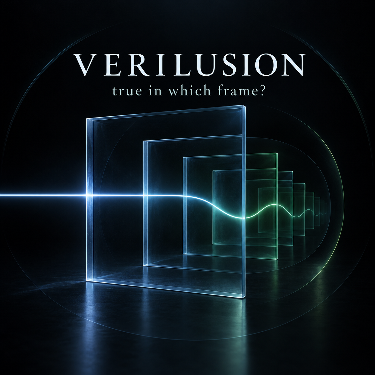 Nested translucent frames alter the path of a luminous line, illustrating how truth changes with its frame.