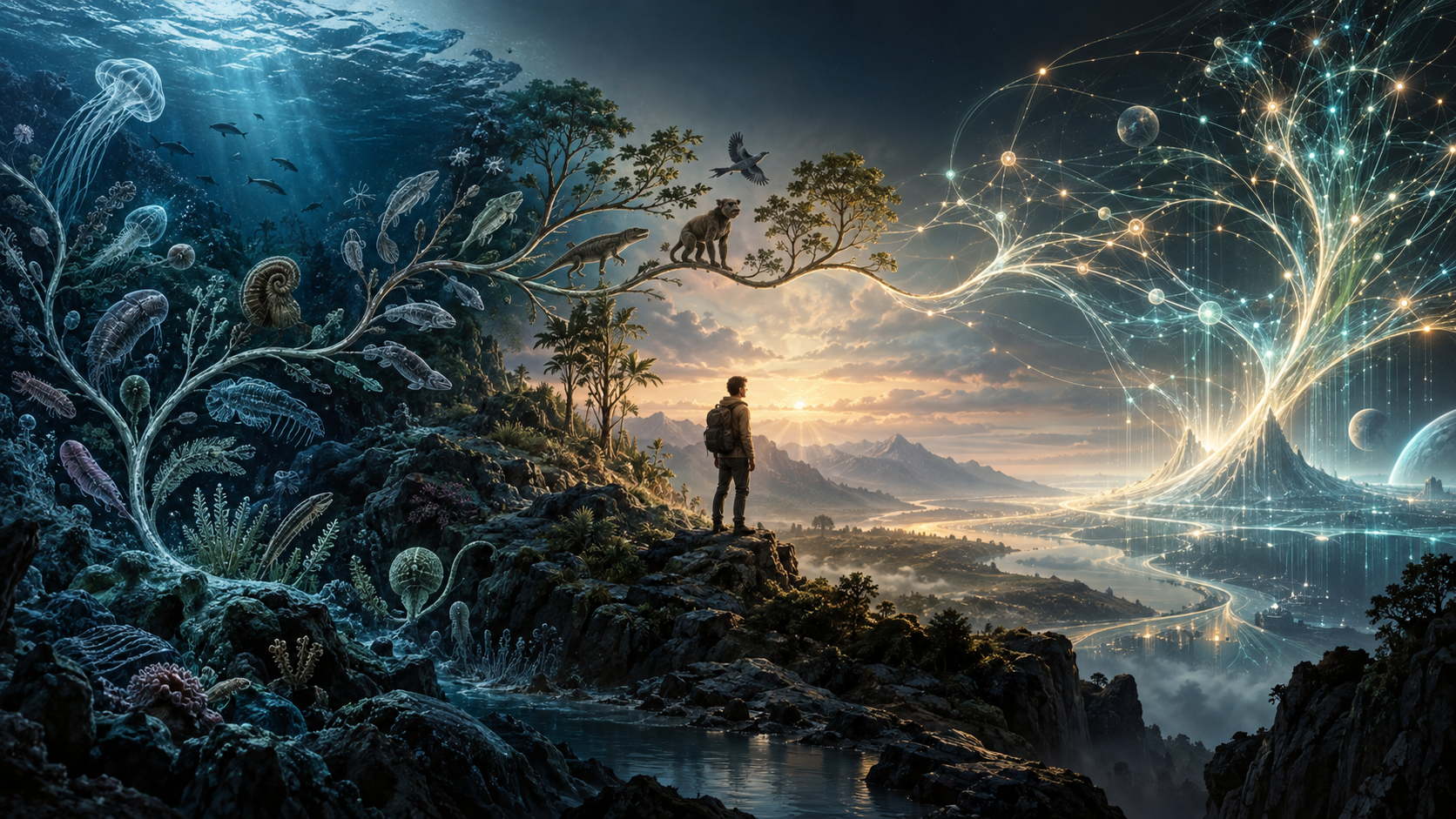 A visual evolution from primordial ocean life through humanity to a luminous network of non-biological intelligence.