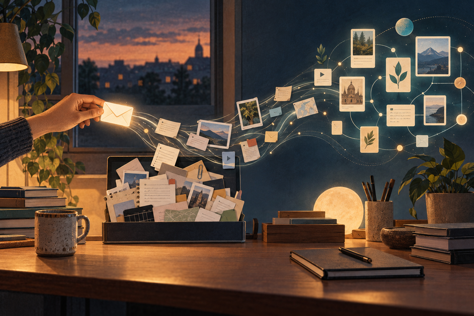 A hand sends a glowing envelope from a box of saved notes into an organized constellation of connected ideas.